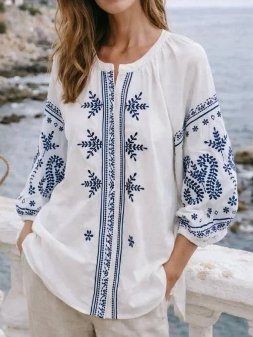 Calessa Embroidered Crew Neck Puff Sleeve Kaftan Peasant Tunic Top Size Medium